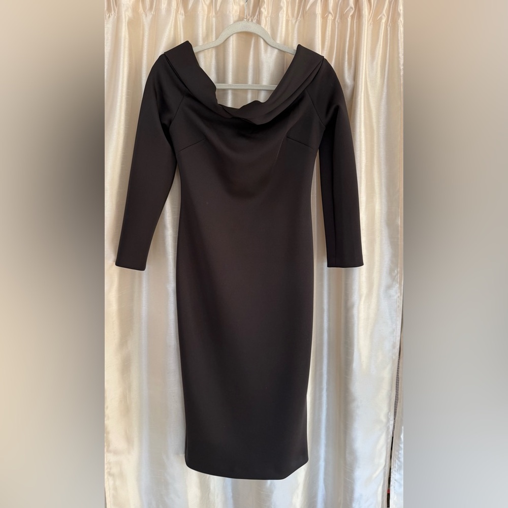 Donna Karan Black Folded Neck Off The Shoulder Long Sleeve Midi Dress Size 4 - Picture 11 of 11
